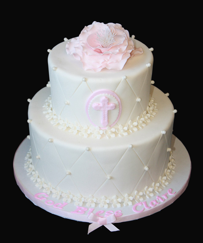 Christening Cake with Pink Flower