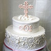 Communion Cake with Pink Cross and White Blossoms