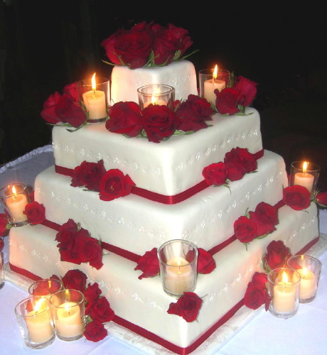 Wedding Cake with Fresh Red Roses