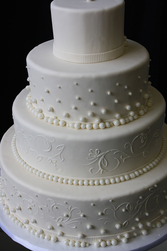 Wedding Cake with Pearls and Swirls